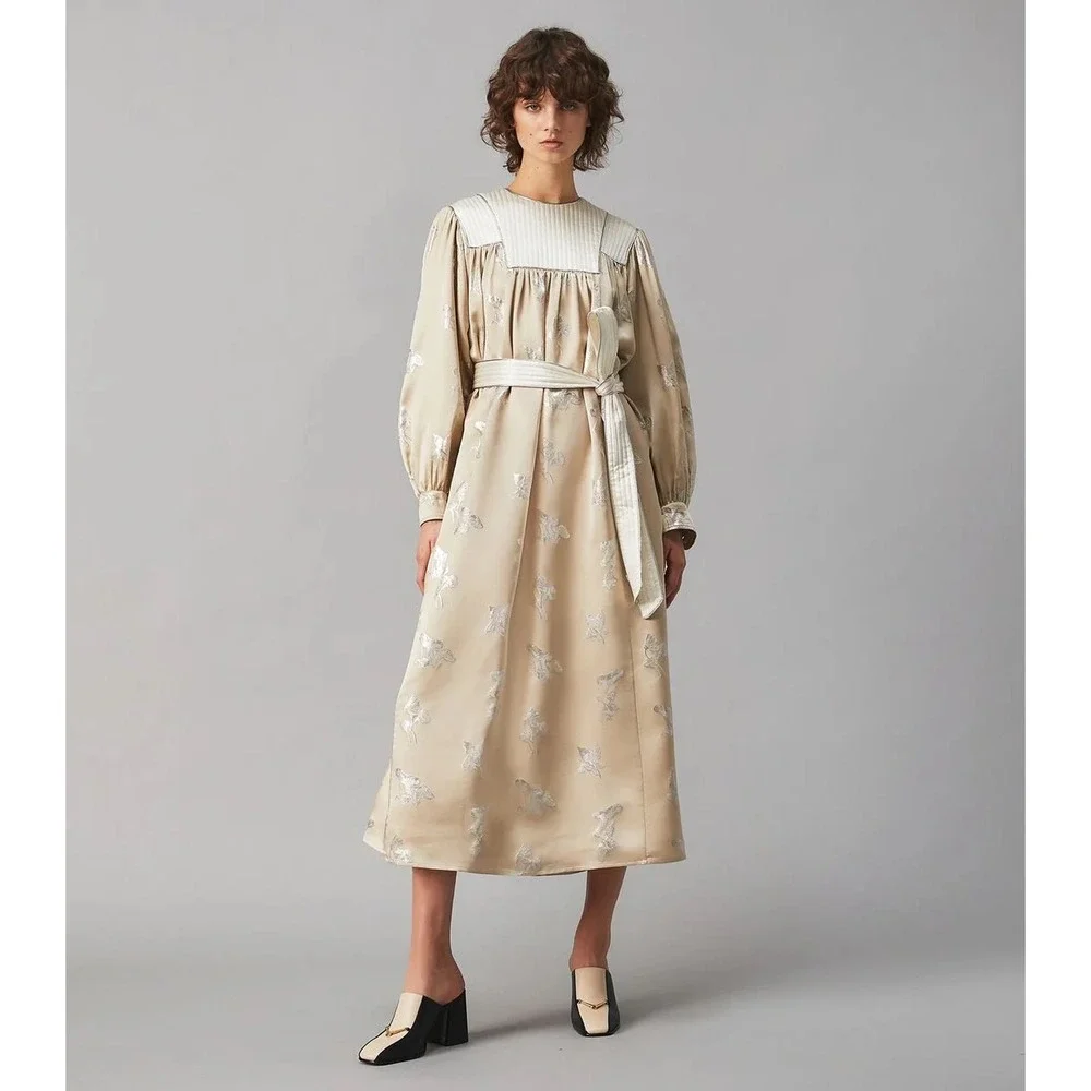 Tory Burch Mushroom Lurex Satin Gown Womens M Champagne Jacquard dress luxury - Picture 1 of 13